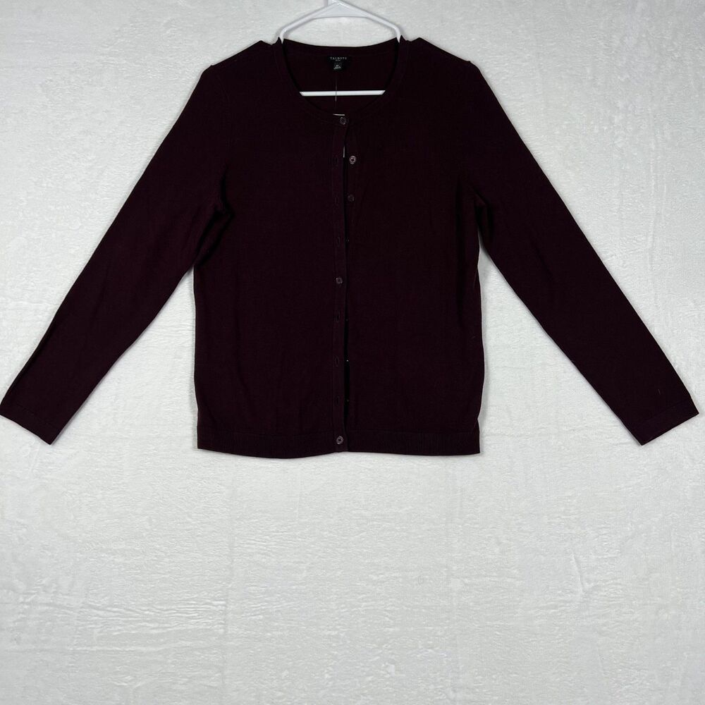 Talbots Petite Womens Cardigan Sweater Size PM Burgundy Button Front Crew Neck